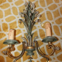 1960's French Regency Verde Palm Form Tole & Crystal Wall Lamp/ Sconce By Maison Bagues 12 1960's French Regency Verde Palm Form Tole & Crystal Wall Lamp/ Sconce By Maison Bagues -chairish shop 1960s french regency verde palm form tole and crystal wall lamp sconce by maison bagues 9312 scaled