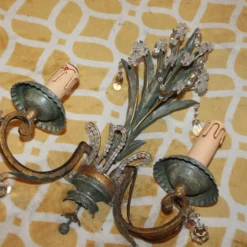 1960's French Regency Verde Palm Form Tole & Crystal Wall Lamp/ Sconce By Maison Bagues 19 1960's French Regency Verde Palm Form Tole & Crystal Wall Lamp/ Sconce By Maison Bagues -chairish shop 1960s french regency verde palm form tole and crystal wall lamp sconce by maison bagues 9772 scaled