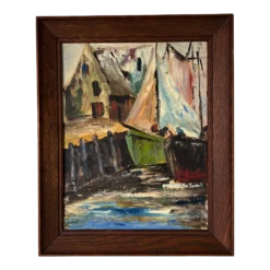 1960's Mid- Century Impressionist Painting Of Fishing Boats In Harbor , Framed
