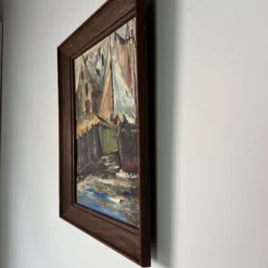 1960's Mid- Century Impressionist Painting Of Fishing Boats In Harbor , Framed -chairish shop 1960s mid century impressionist painting of fishing boats in harbor framed 4293 scaled