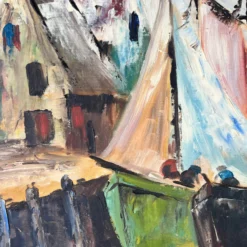 1960's Mid- Century Impressionist Painting Of Fishing Boats In Harbor , Framed -chairish shop 1960s mid century impressionist painting of fishing boats in harbor framed 7338 scaled