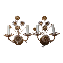 1960's Mid Century Modern 24k Cut Crystal Floral Form Wall Sconces By "Palwa" A - Pair