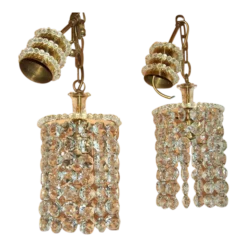 1960's Mid Century Modern Cut Crystal 24k Gold Plate Ceiling Pendant Light Fixtures By Palwa A - Pair