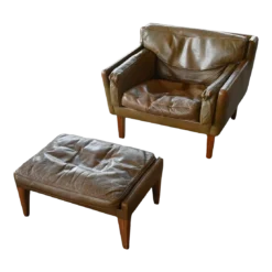 1960's Olive Brown Leather Lounge Chair With Ottoman By Illum Wikkelsø