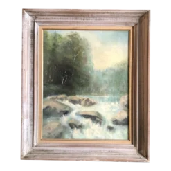 1960’s Original Vintage Impressionist Painting River Landscape With Falls & Rocks Original Modernist Frame Signed