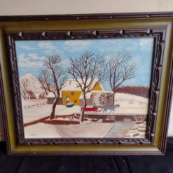 1960's P. Hathaway Folk Art Rustic Landscape Oil Painting, Framed -chairish shop 1960s p hathaway folk art rustic landscape oil painting framed 0047 scaled