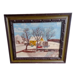 1960's P. Hathaway Folk Art Rustic Landscape Oil Painting, Framed