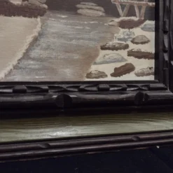 1960's P. Hathaway Folk Art Rustic Landscape Oil Painting, Framed -chairish shop 1960s p hathaway folk art rustic landscape oil painting framed 5315 scaled