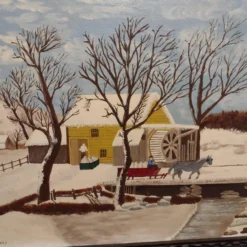 1960's P. Hathaway Folk Art Rustic Landscape Oil Painting, Framed -chairish shop 1960s p hathaway folk art rustic landscape oil painting framed 5409 scaled