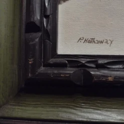 1960's P. Hathaway Folk Art Rustic Landscape Oil Painting, Framed -chairish shop 1960s p hathaway folk art rustic landscape oil painting framed 7379 scaled