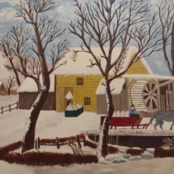 1960's P. Hathaway Folk Art Rustic Landscape Oil Painting, Framed -chairish shop 1960s p hathaway folk art rustic landscape oil painting framed 8771 scaled