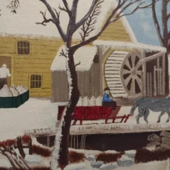 1960's P. Hathaway Folk Art Rustic Landscape Oil Painting, Framed -chairish shop 1960s p hathaway folk art rustic landscape oil painting framed 8860 scaled