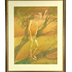 1960’s Shelly Canton Watercolor Young Boy Barefoot In Tree Chicago Artist -chairish shop 1960s shelly canton watercolor young boy barefoot in tree chicago artist 1839 scaled