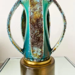1960's Turquoise Blue Stoneware Pottery Lamp With Brutalist Form, Denmark -chairish shop 1960s turquoise blue stoneware pottery lamp with brutalist form denmark 1438