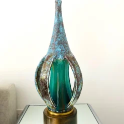 1960's Turquoise Blue Stoneware Pottery Lamp With Brutalist Form, Denmark -chairish shop 1960s turquoise blue stoneware pottery lamp with brutalist form denmark 2589