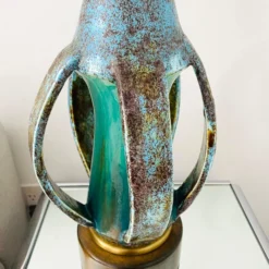 1960's Turquoise Blue Stoneware Pottery Lamp With Brutalist Form, Denmark -chairish shop 1960s turquoise blue stoneware pottery lamp with brutalist form denmark 5018