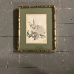 1960’s Vintage Asian Rabbit Watercolor Painting Faux Bamboo Frame -chairish shop 1960s vintage asian rabbit watercolor painting faux bamboo frame 3634