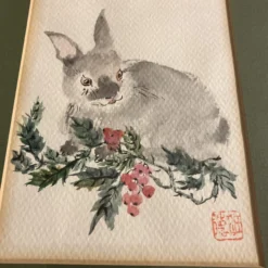 1960’s Vintage Asian Rabbit Watercolor Painting Faux Bamboo Frame -chairish shop 1960s vintage asian rabbit watercolor painting faux bamboo frame 5452