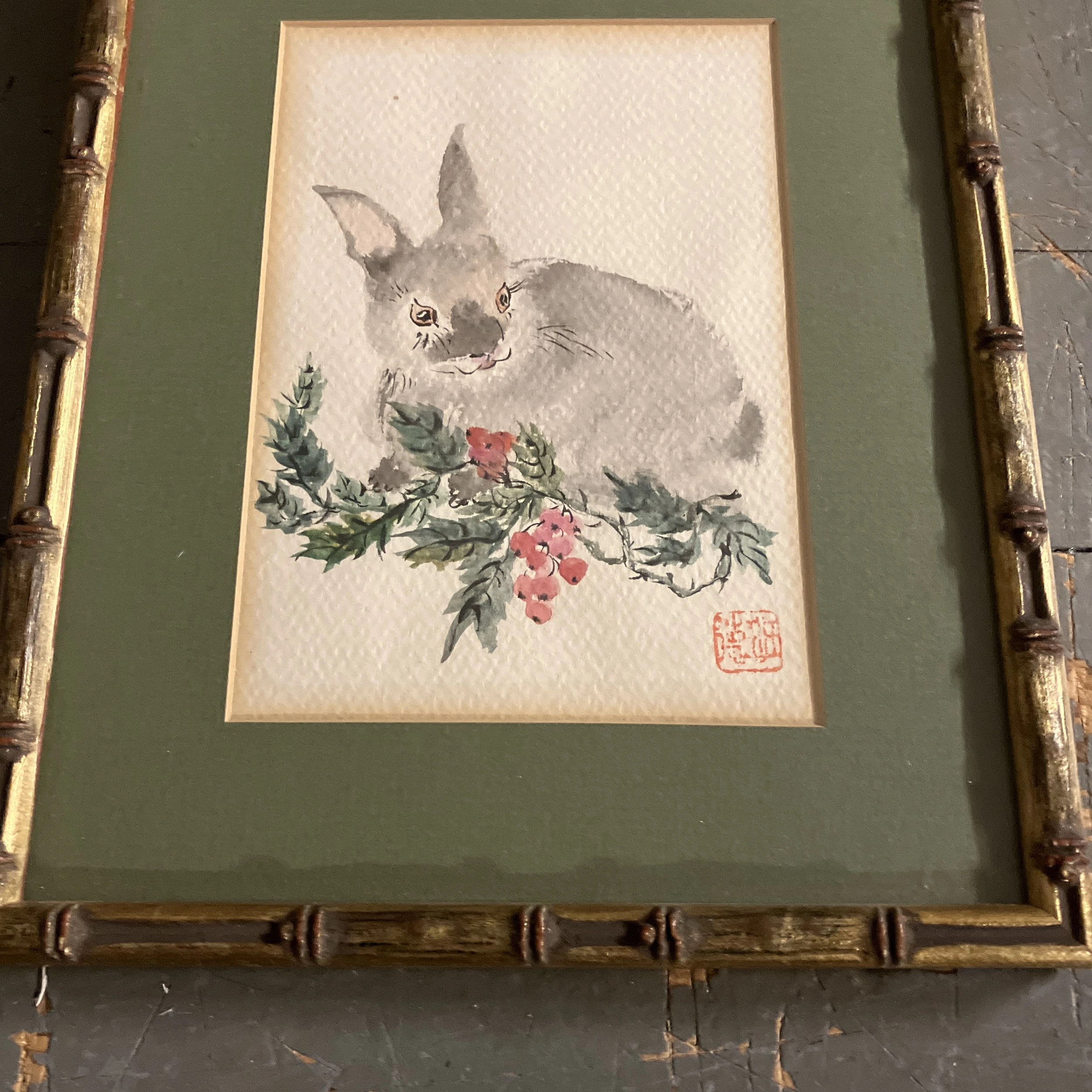 1960’s Vintage Asian Rabbit Watercolor Painting Faux Bamboo Frame - Image 2
