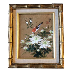 1960’s Vintage Chinese Bird Painting On Cork Vintage Faux Bamboo Frame