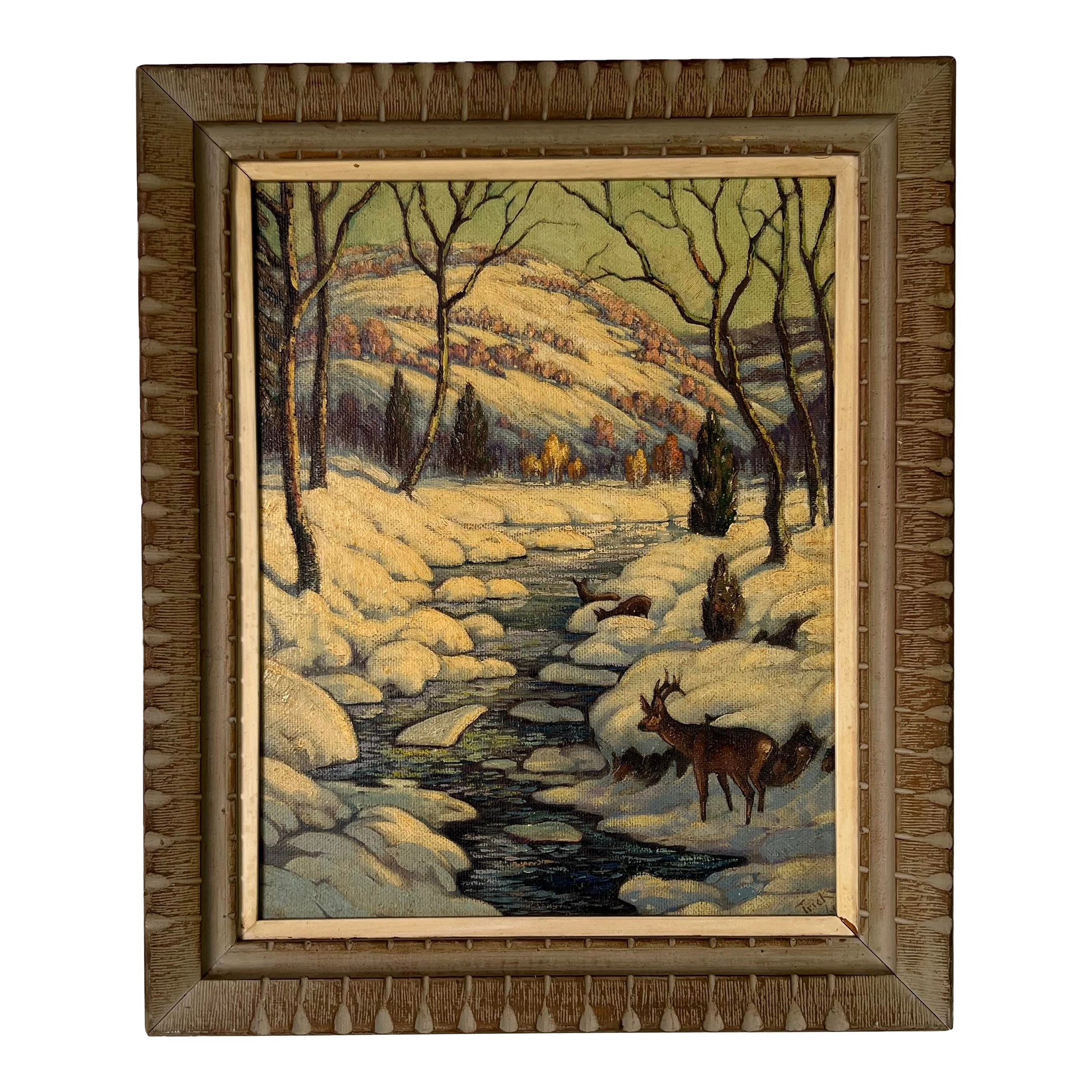 1960's Vintage Triek Winter River Landscape Oil Painting 1 1960's Vintage Triek Winter River Landscape Oil Painting