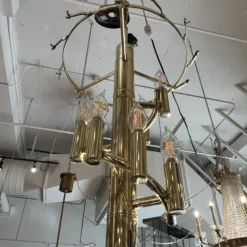 1970's Amber Beveled Glass + Brass Chandelier -chairish shop 1970s amber beveled glass brass chandelier 2342 scaled