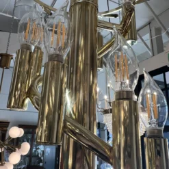 1970's Amber Beveled Glass + Brass Chandelier -chairish shop 1970s amber beveled glass brass chandelier 2770 scaled