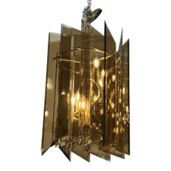 1970's Amber Beveled Glass + Brass Chandelier