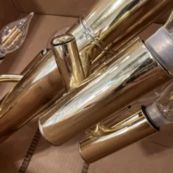 1970's Amber Beveled Glass + Brass Chandelier -chairish shop 1970s amber beveled glass brass chandelier 7650 scaled