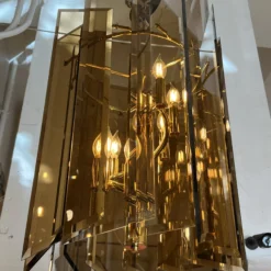 1970's Amber Beveled Glass + Brass Chandelier -chairish shop 1970s amber beveled glass brass chandelier 7988 scaled