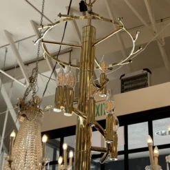 1970's Amber Beveled Glass + Brass Chandelier -chairish shop 1970s amber beveled glass brass chandelier 8738 scaled