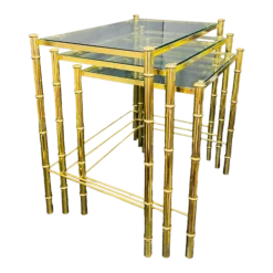 1970's Brass Faux Bamboo Nesting Tables With Glass A Set Of 3
