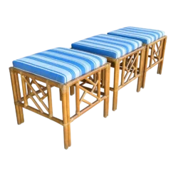 1970s Chinese Chippendale Style Rattan / Bamboo Ottomans / Tables In Blue And White -S/3