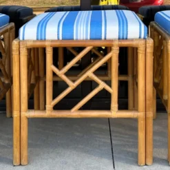1970s Chinese Chippendale Style Rattan / Bamboo Ottomans / Tables In Blue And White -S/3 -chairish shop 1970s chinese chippendale style rattan bamboo ottomans tables in blue and white s3 5743 scaled