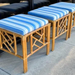 1970s Chinese Chippendale Style Rattan / Bamboo Ottomans / Tables In Blue And White -S/3 -chairish shop 1970s chinese chippendale style rattan bamboo ottomans tables in blue and white s3 5790