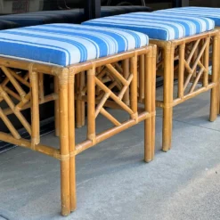 1970s Chinese Chippendale Style Rattan / Bamboo Ottomans / Tables In Blue And White -S/3 -chairish shop 1970s chinese chippendale style rattan bamboo ottomans tables in blue and white s3 8786