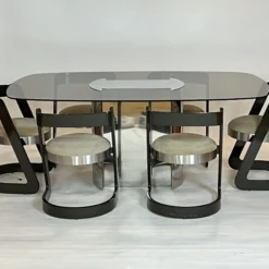 1970's Chrome And Smoked Glass Dining Table -chairish shop 1970s chrome and smoked glass dining table 0366