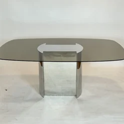 1970's Chrome And Smoked Glass Dining Table -chairish shop 1970s chrome and smoked glass dining table 1268