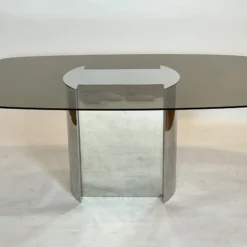 1970's Chrome And Smoked Glass Dining Table -chairish shop 1970s chrome and smoked glass dining table 2756