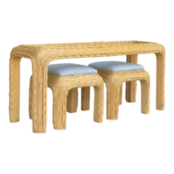 1970s Crespi Style Organic Modern Pencil Bamboo Console Table With 2 Ottomans, S/3