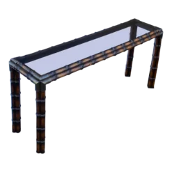 1970's Faux Bamboo Console Table With Brass Corners & Inset Glass Top