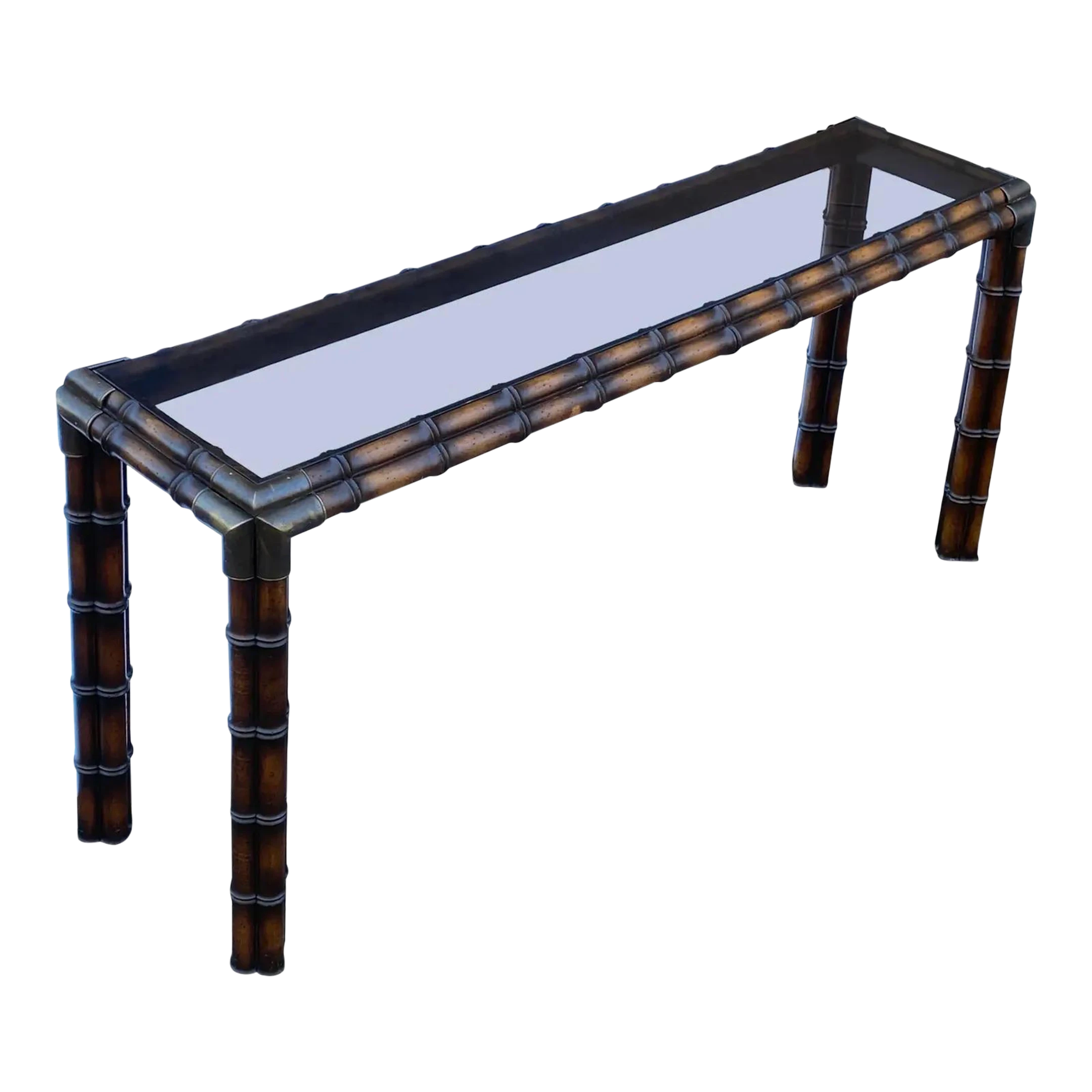 1970's Faux Bamboo Console Table With Brass Corners & Inset Glass Top 1 1970's Faux Bamboo Console Table With Brass Corners & Inset Glass Top