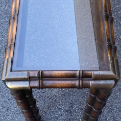 1970's Faux Bamboo Console Table With Brass Corners & Inset Glass Top 14 1970's Faux Bamboo Console Table With Brass Corners & Inset Glass Top -chairish shop 1970s faux bamboo console table with brass corners and inset glass top 1749
