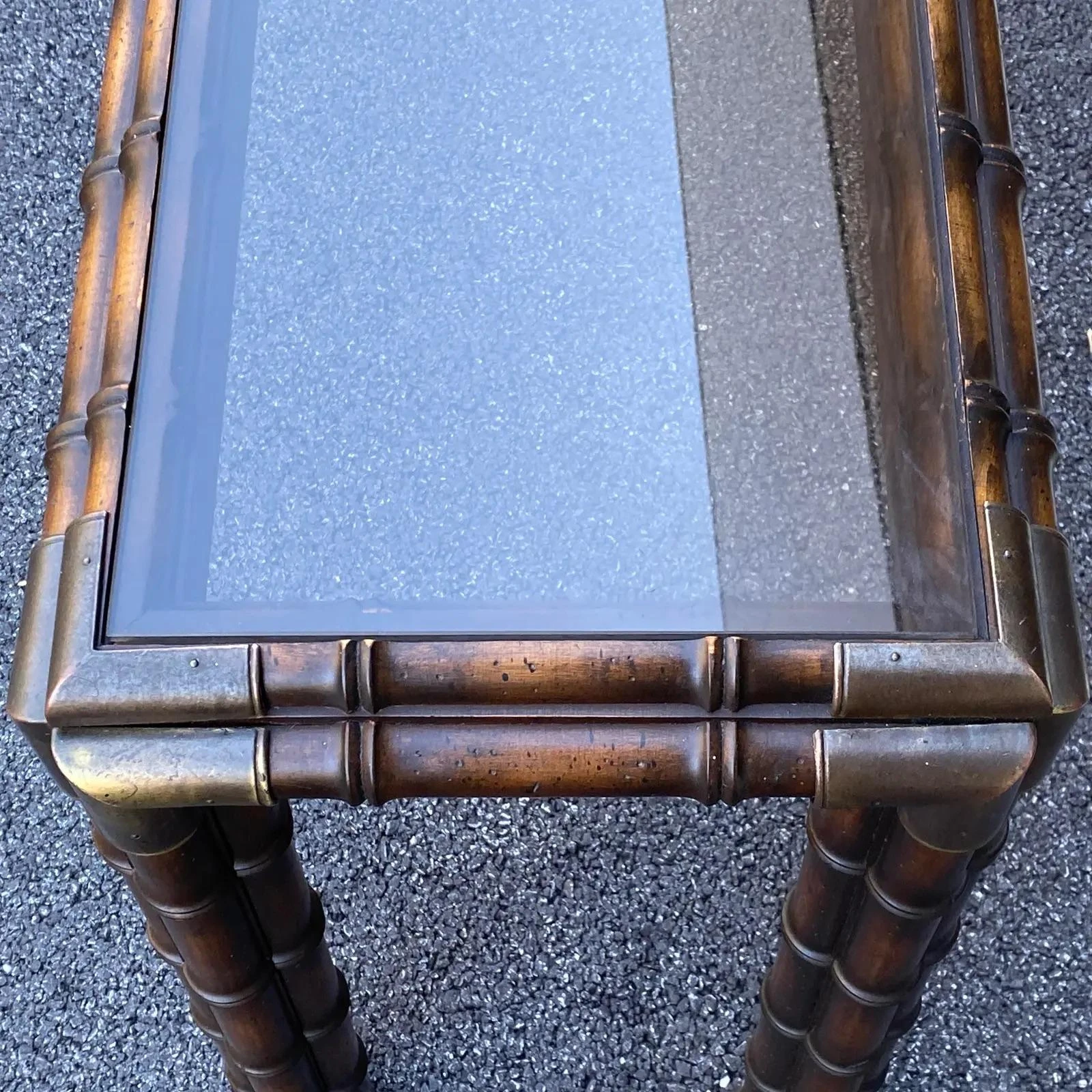 1970's Faux Bamboo Console Table With Brass Corners & Inset Glass Top 5 1970's Faux Bamboo Console Table With Brass Corners & Inset Glass Top - Image 5