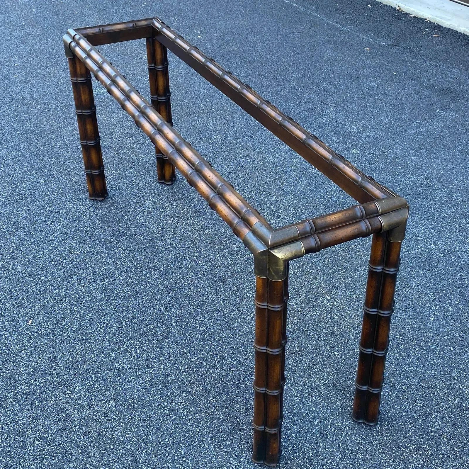 1970's Faux Bamboo Console Table With Brass Corners & Inset Glass Top 9 1970's Faux Bamboo Console Table With Brass Corners & Inset Glass Top - Image 9
