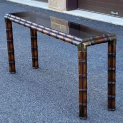 1970's Faux Bamboo Console Table With Brass Corners & Inset Glass Top 12 1970's Faux Bamboo Console Table With Brass Corners & Inset Glass Top -chairish shop 1970s faux bamboo console table with brass corners and inset glass top 4399