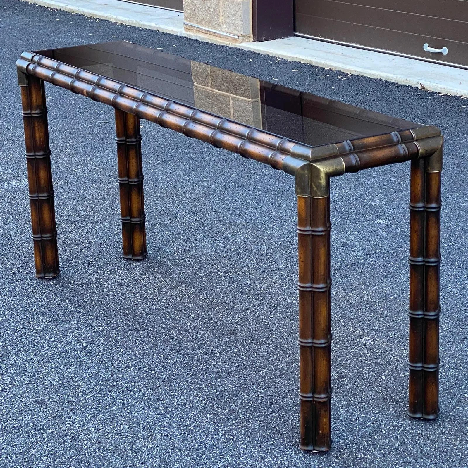 1970's Faux Bamboo Console Table With Brass Corners & Inset Glass Top 3 1970's Faux Bamboo Console Table With Brass Corners & Inset Glass Top - Image 3