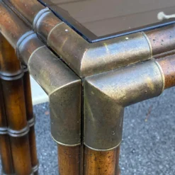 1970's Faux Bamboo Console Table With Brass Corners & Inset Glass Top 13 1970's Faux Bamboo Console Table With Brass Corners & Inset Glass Top -chairish shop 1970s faux bamboo console table with brass corners and inset glass top 4477