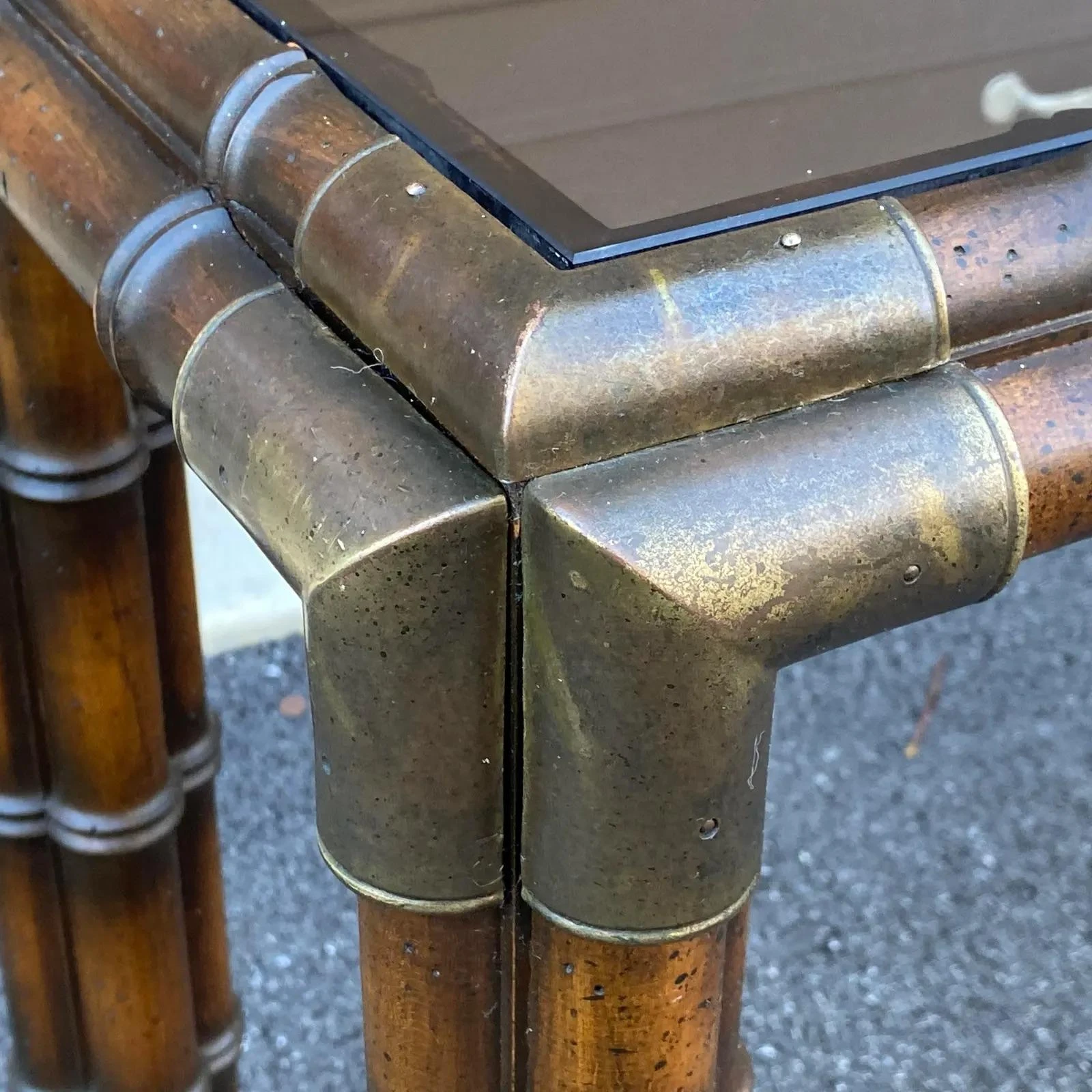 1970's Faux Bamboo Console Table With Brass Corners & Inset Glass Top 4 1970's Faux Bamboo Console Table With Brass Corners & Inset Glass Top - Image 4