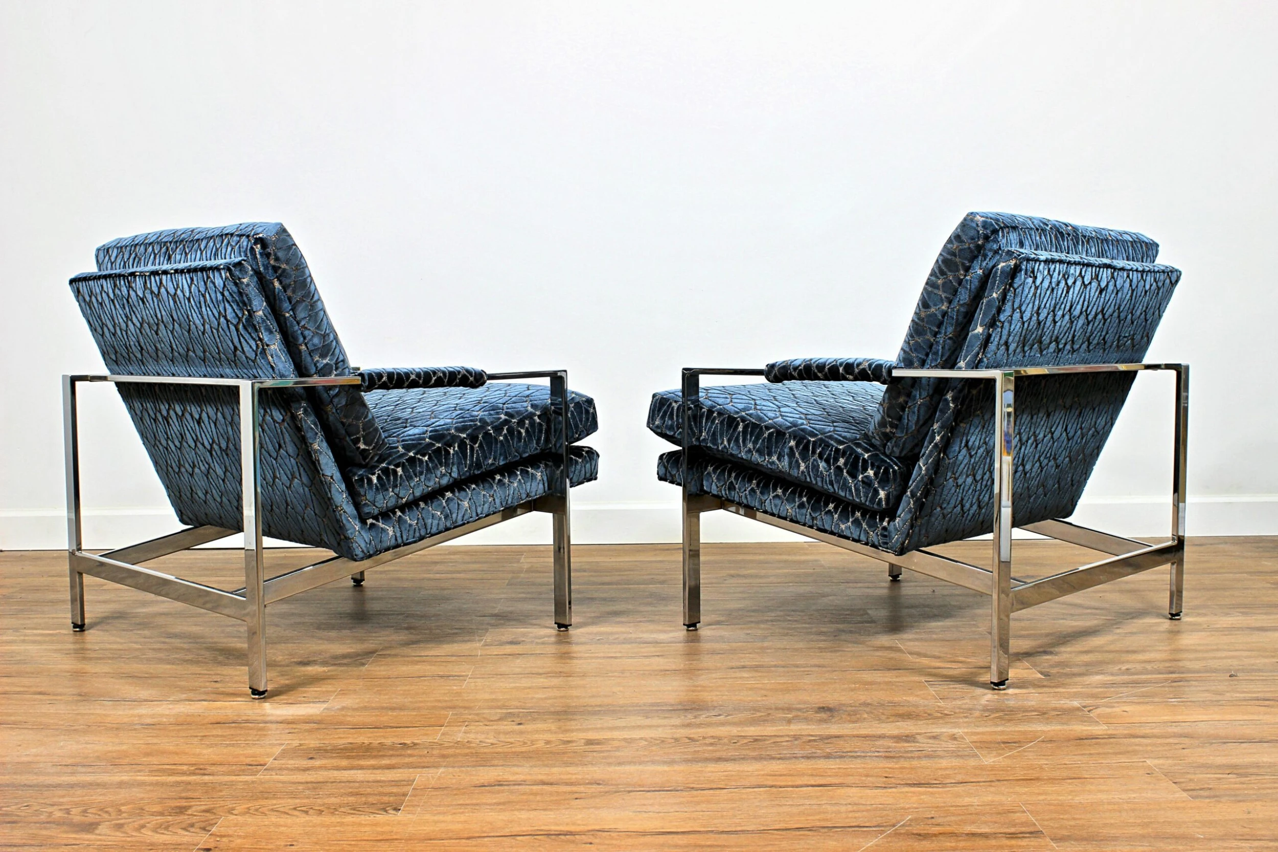 1970's Milo Baughman 951 Chrome Lounge Chairs In Rombo Orion Blue Cut Velvet, Pair 5 1970's Milo Baughman 951 Chrome Lounge Chairs In Rombo Orion Blue Cut Velvet, Pair - Image 5